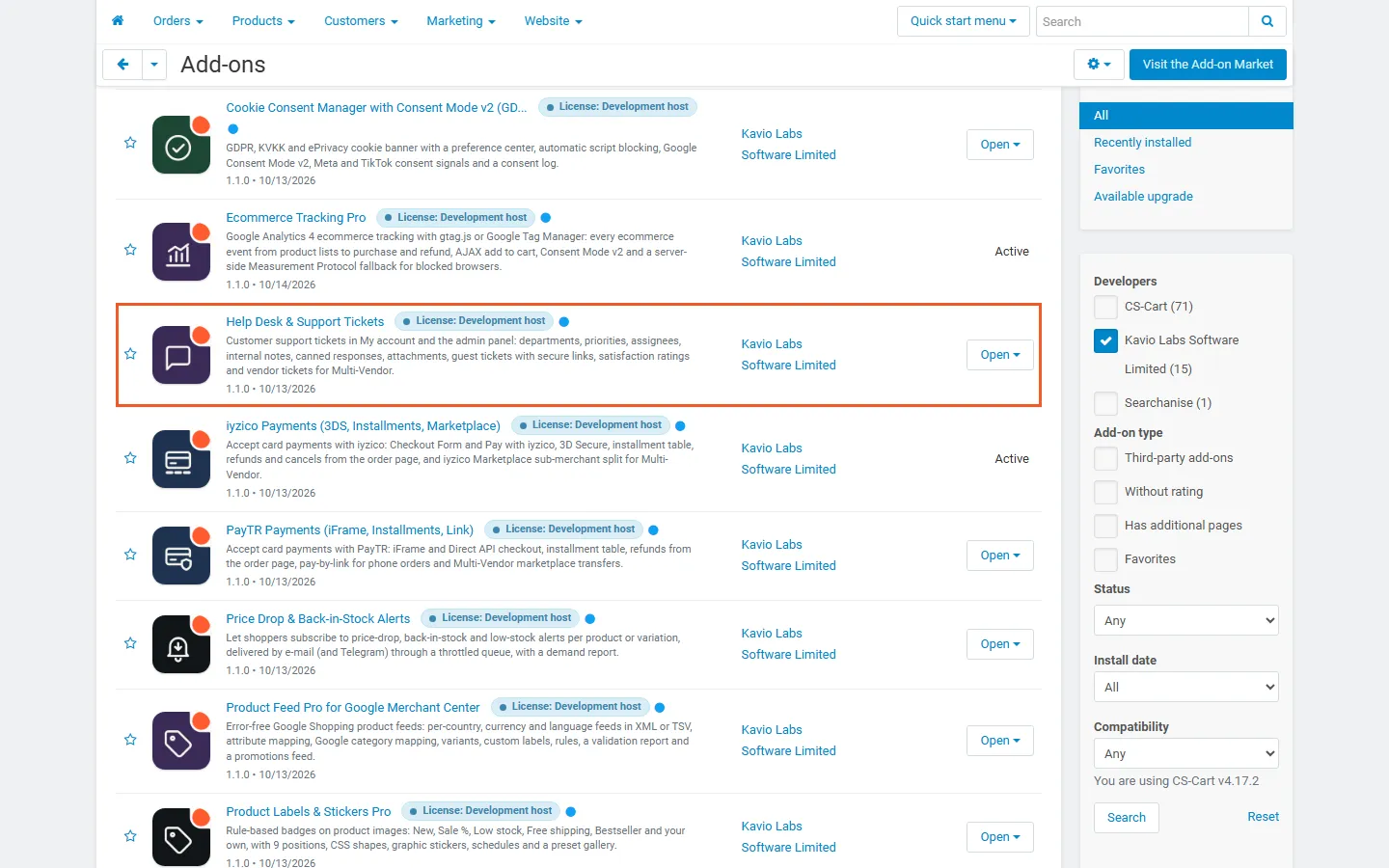 Admin, Downloaded add-ons: Help Desk & Support Tickets by Kavio Labs, active.