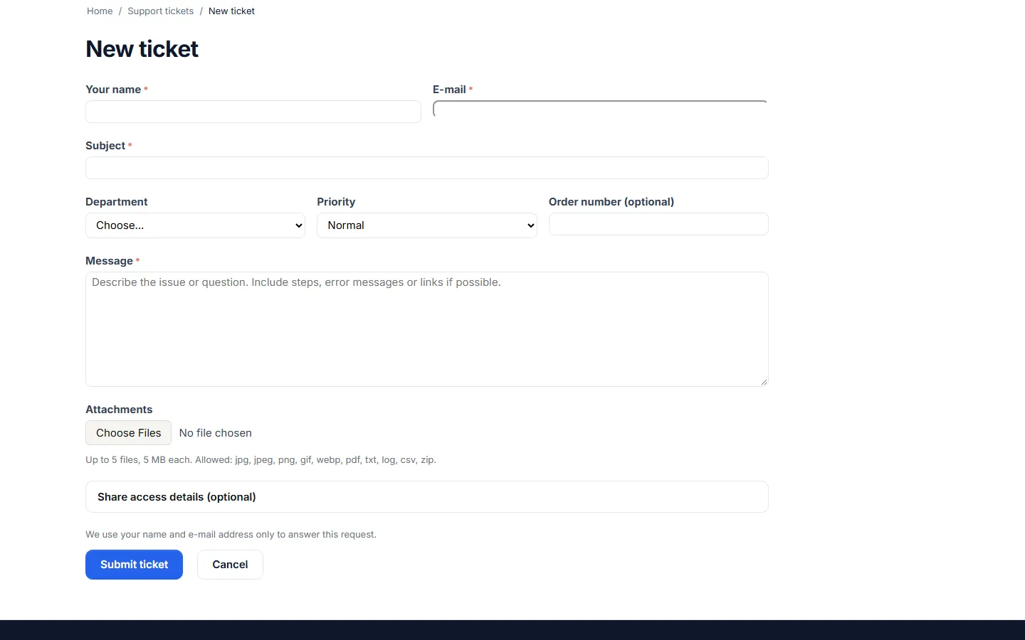 New ticket form for guests with name and e-mail fields.
