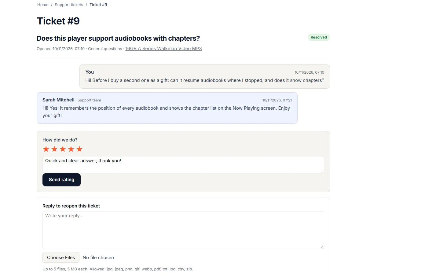 Resolved ticket: “How did we do?” star rating with a comment, above the reply-to-reopen box.