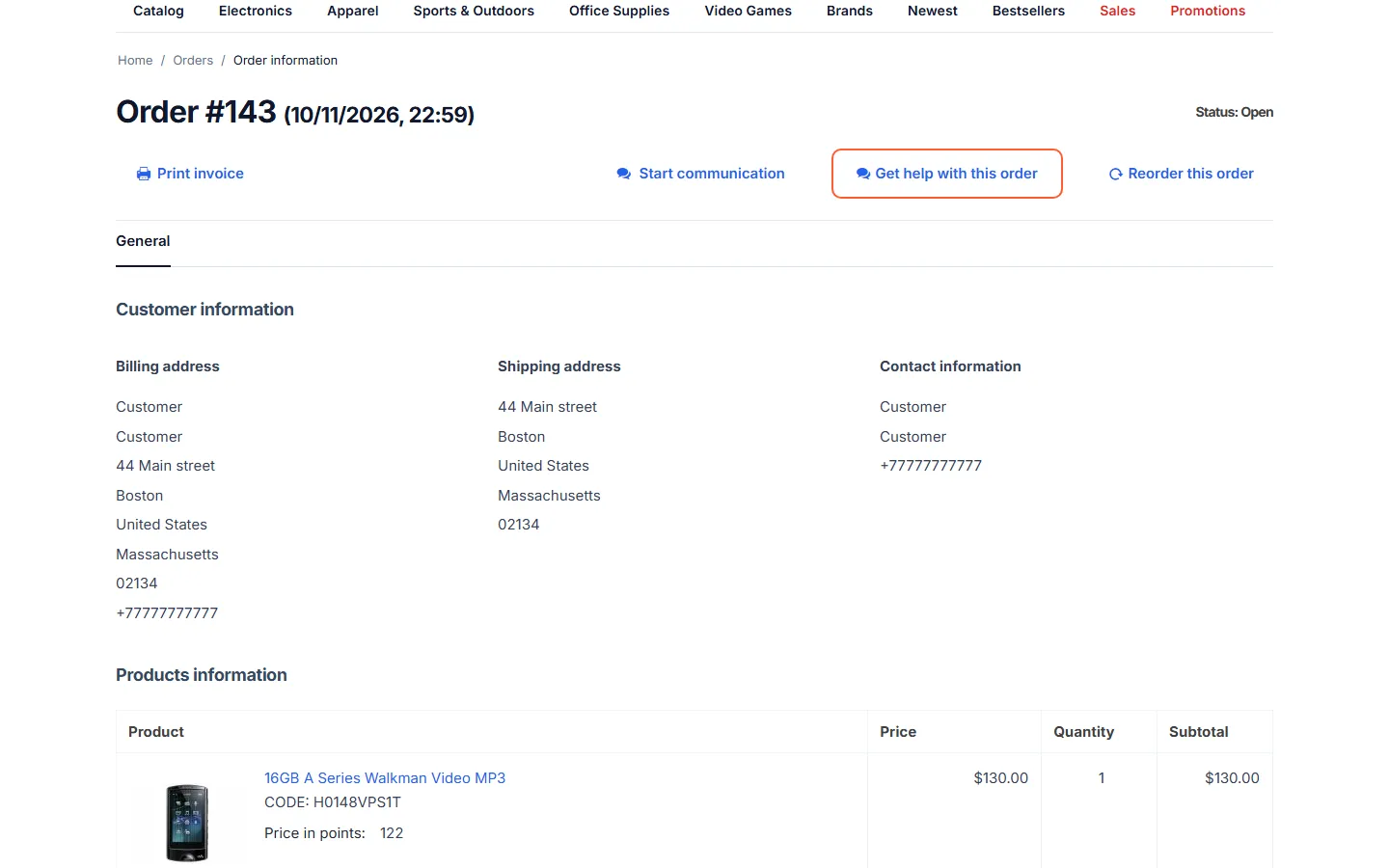 Storefront order page with the “Get help with this order” button (highlighted).