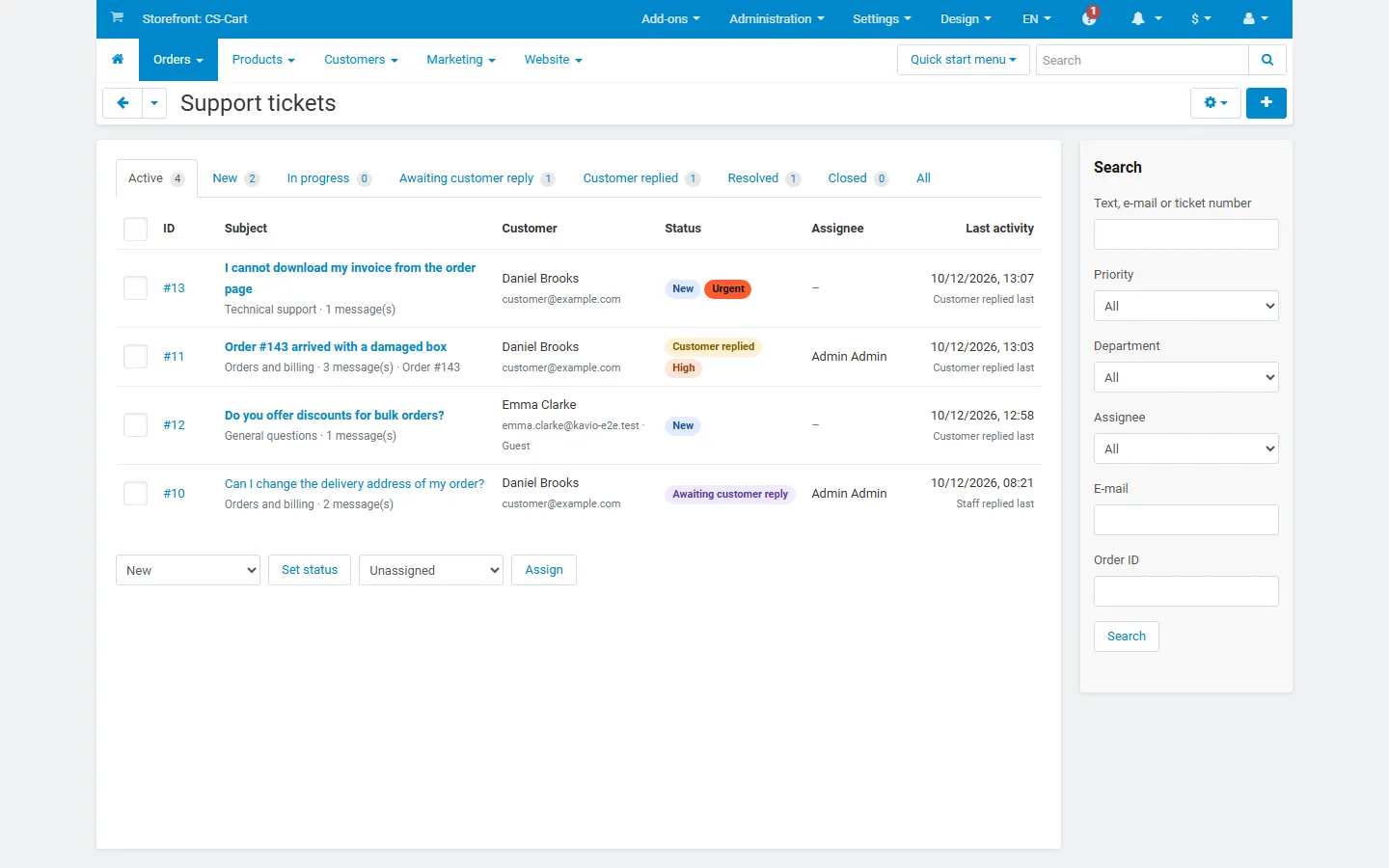 Admin ticket list: status tabs with counts, priority and status badges, assignee, last activity, bulk status/assign and search sidebar.