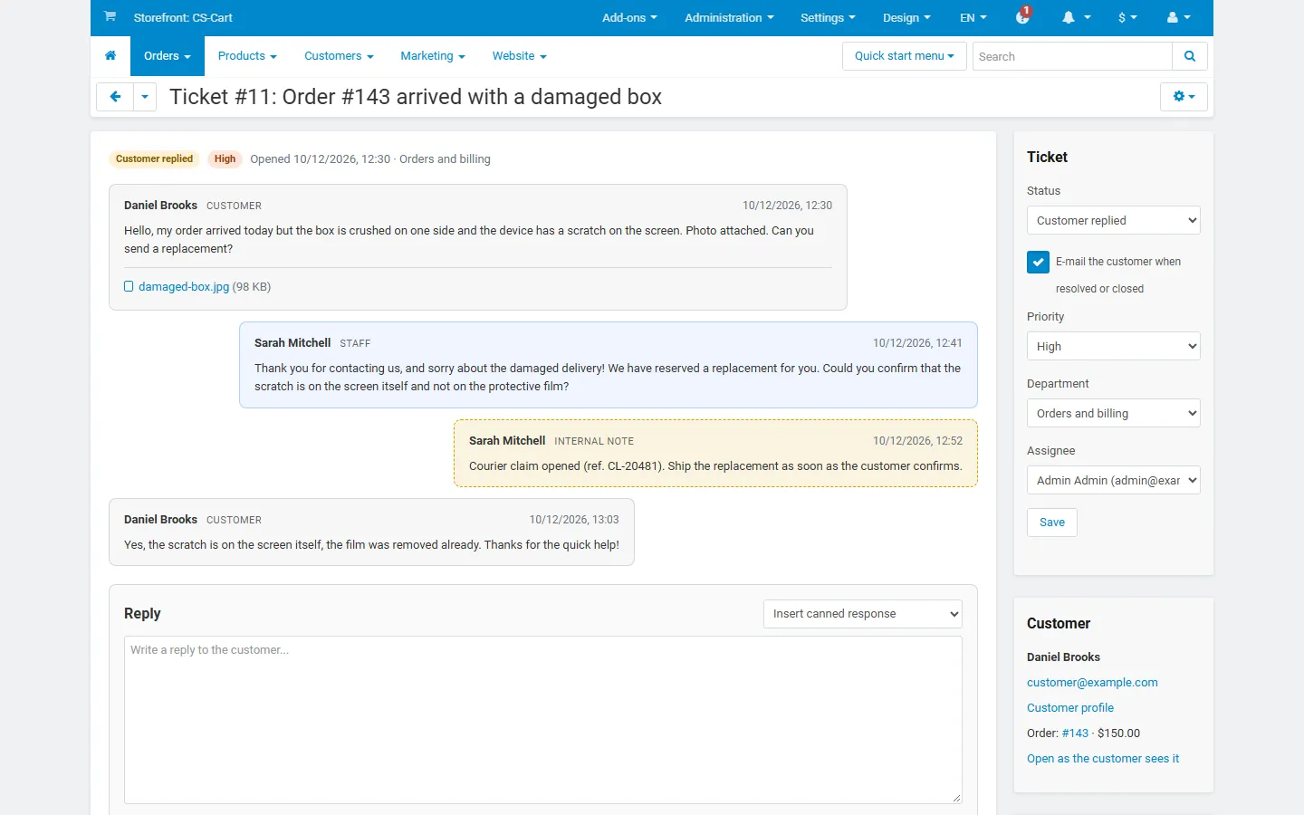 Admin ticket view: customer and staff messages, a yellow internal note, and the ticket and customer sidebar.