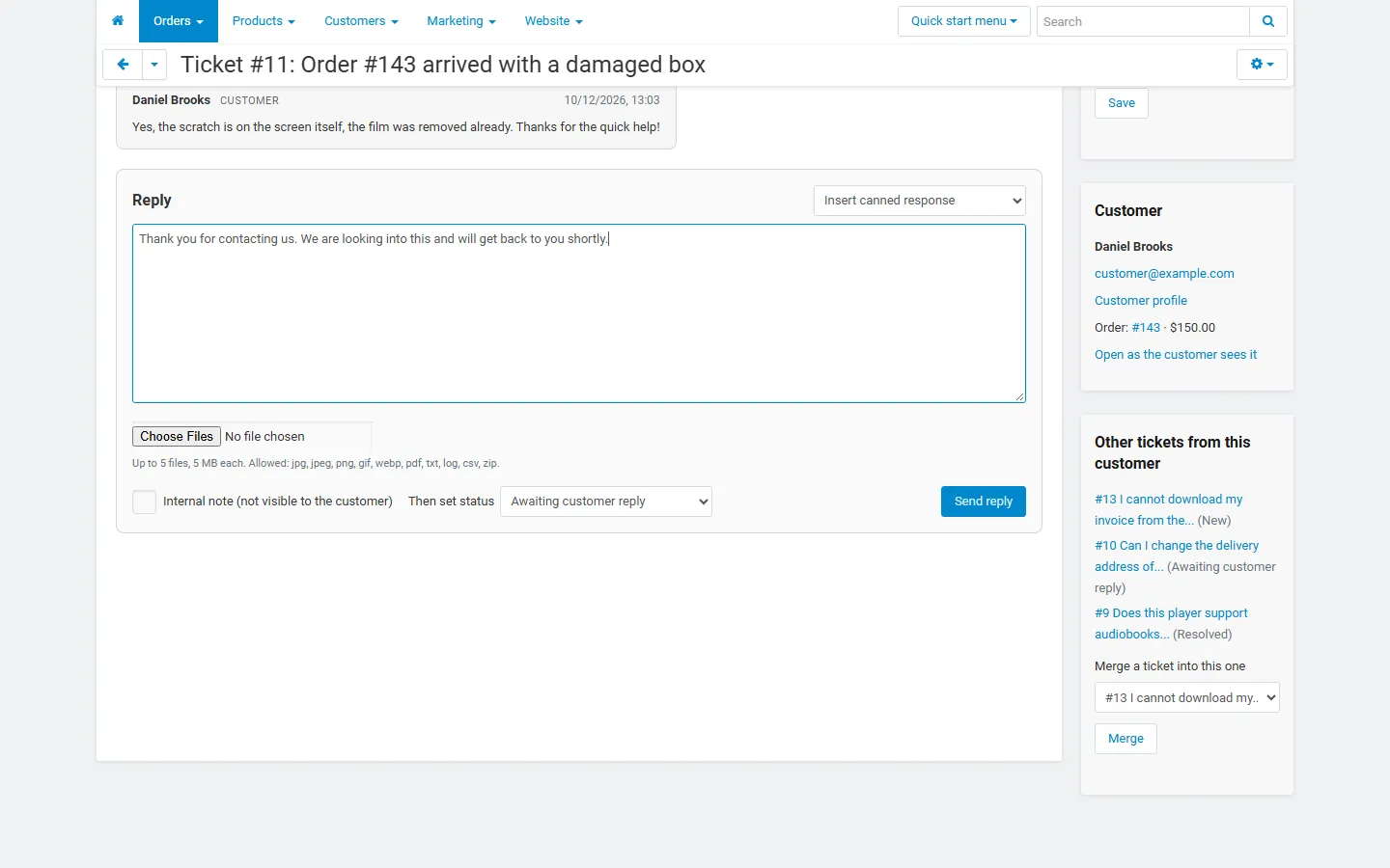 Reply box with a canned response inserted, internal note switch, “Then set status” and the customer’s other tickets with merge.