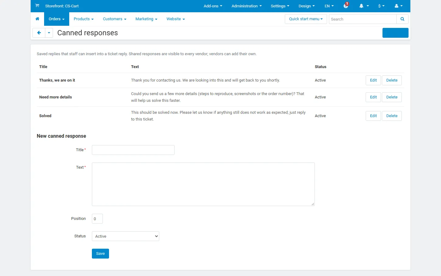 Canned responses page: saved replies with edit/delete and the add form.