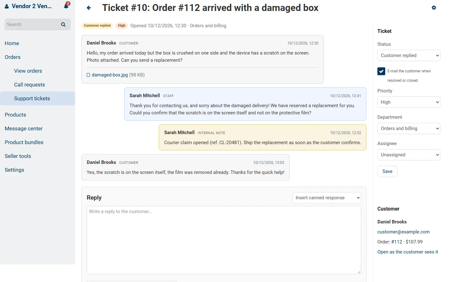 Vendor panel ticket view: the vendor answers the customer about its order.