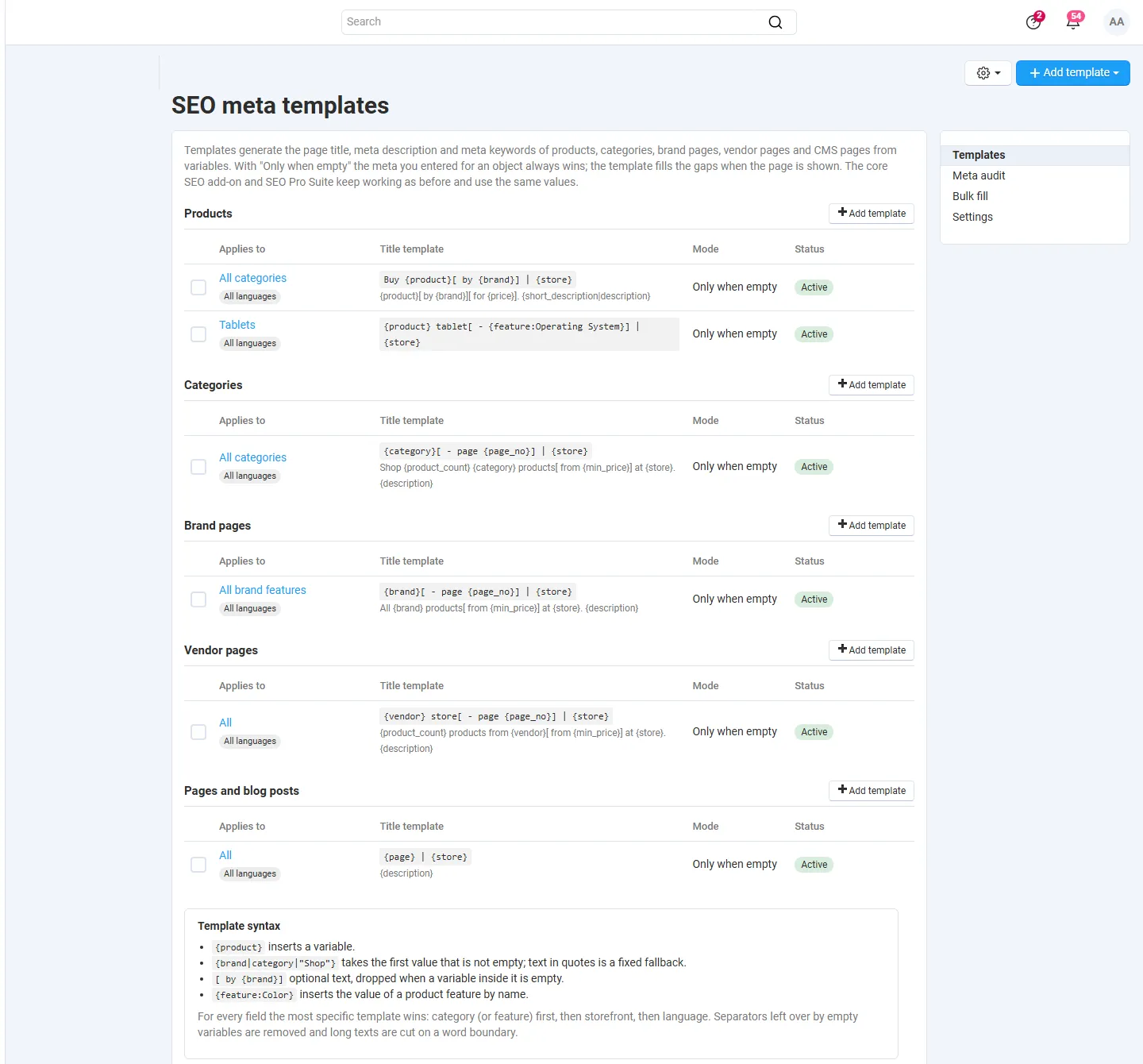 Templates per page type: products (general + Tablets override), categories, brand pages, vendor pages, pages.