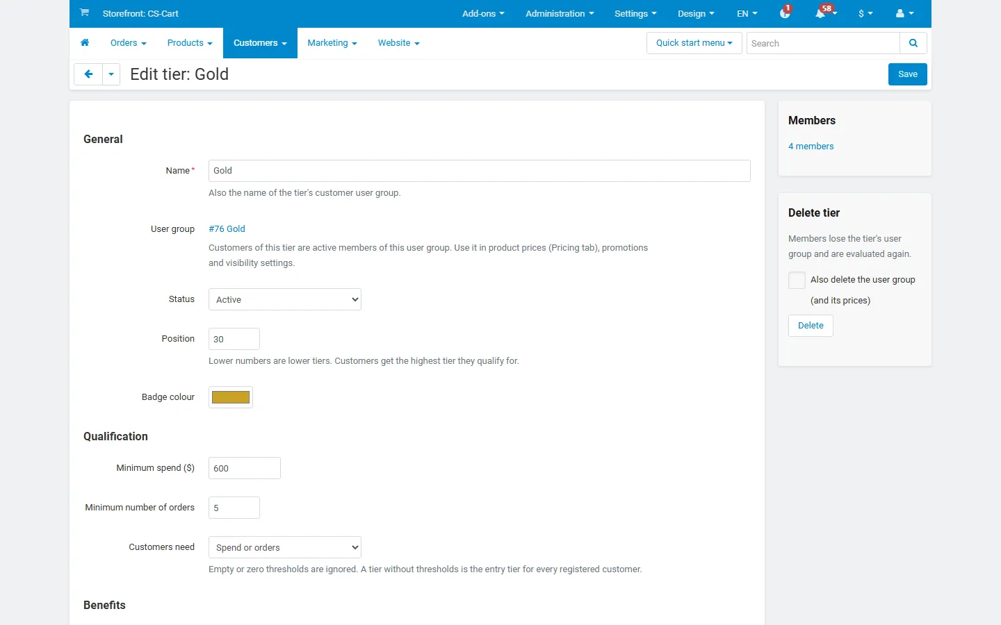 Tier editor: name, user group, status, position, colour, qualification.