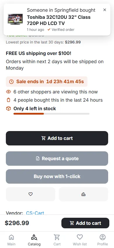 Mobile (390 px): messages under the price, the toast at the top clear of the bottom bars.