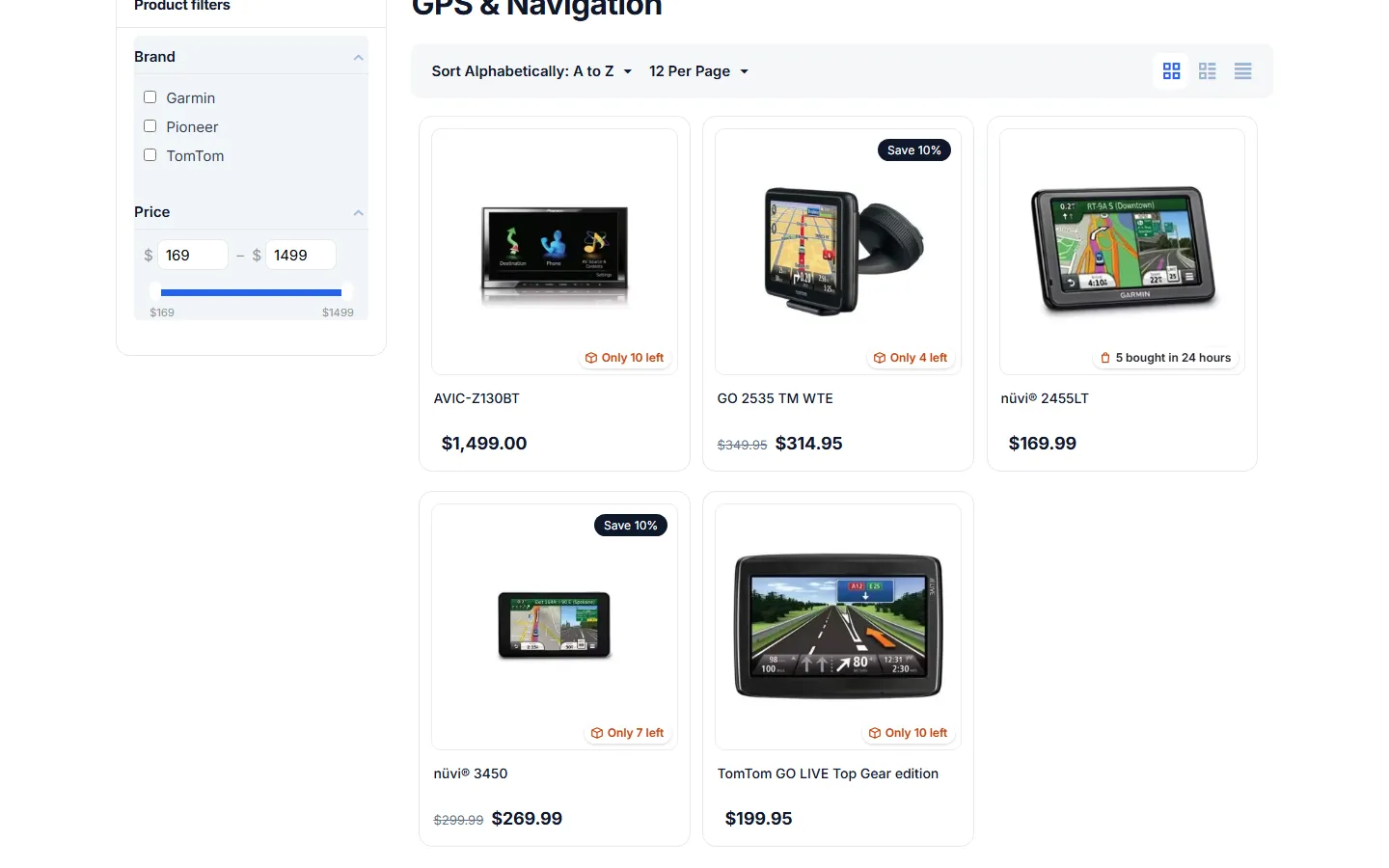Category page on a Responsive-based theme: low-stock and “5 bought in 24 hours” badges.