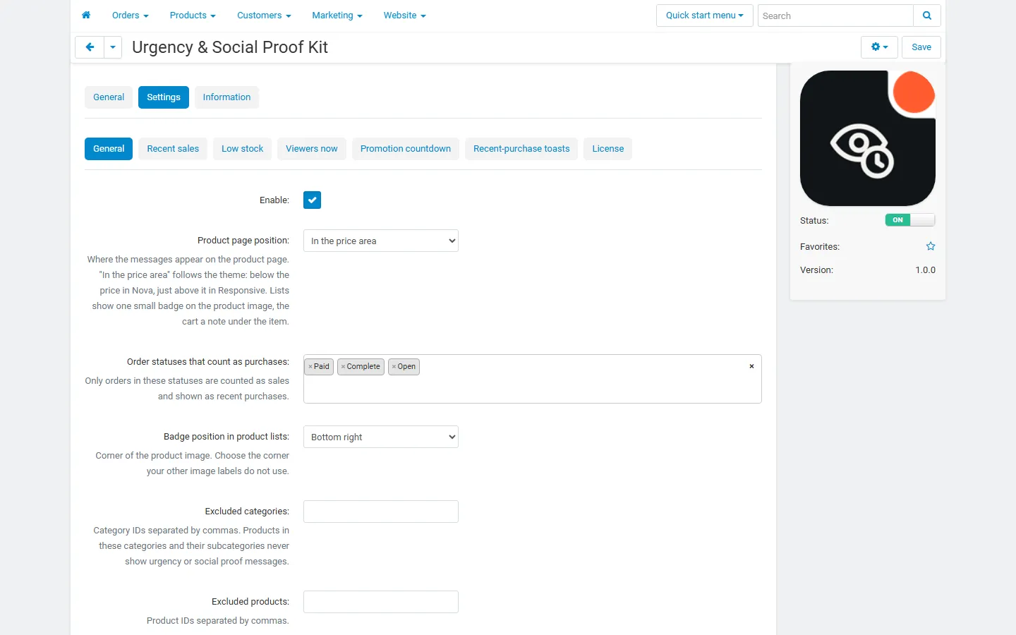 Settings, General: position, order statuses, badge corner, exclusions, accent colour, animations.