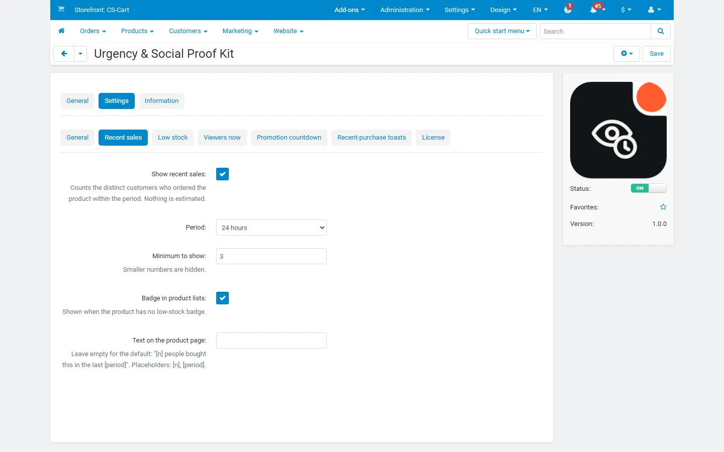 Settings, Recent sales: period, minimum, list badge, wording.