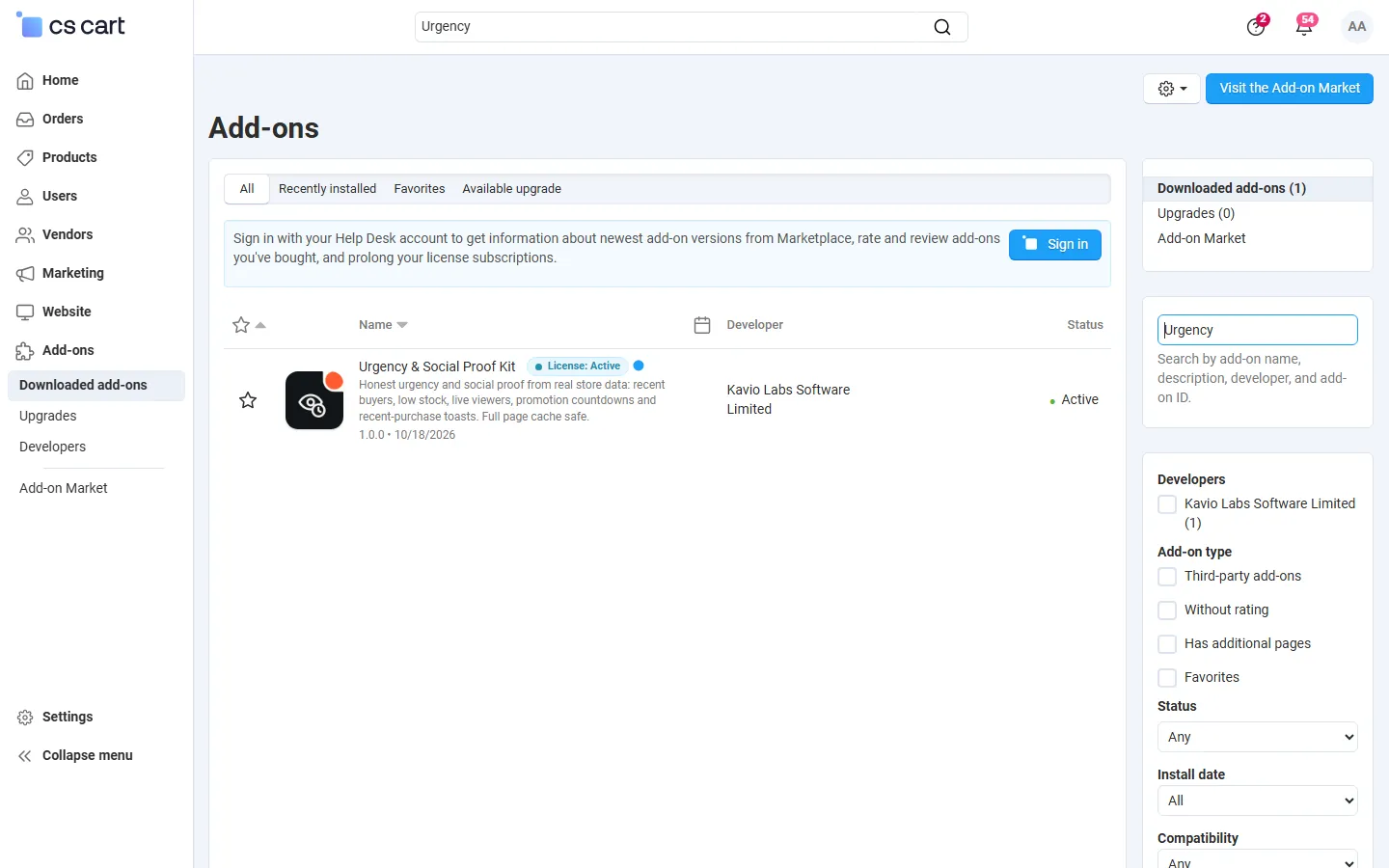 Downloaded add-ons searched for “Urgency” (Multi-Vendor 4.21.2). With the add-on icon.