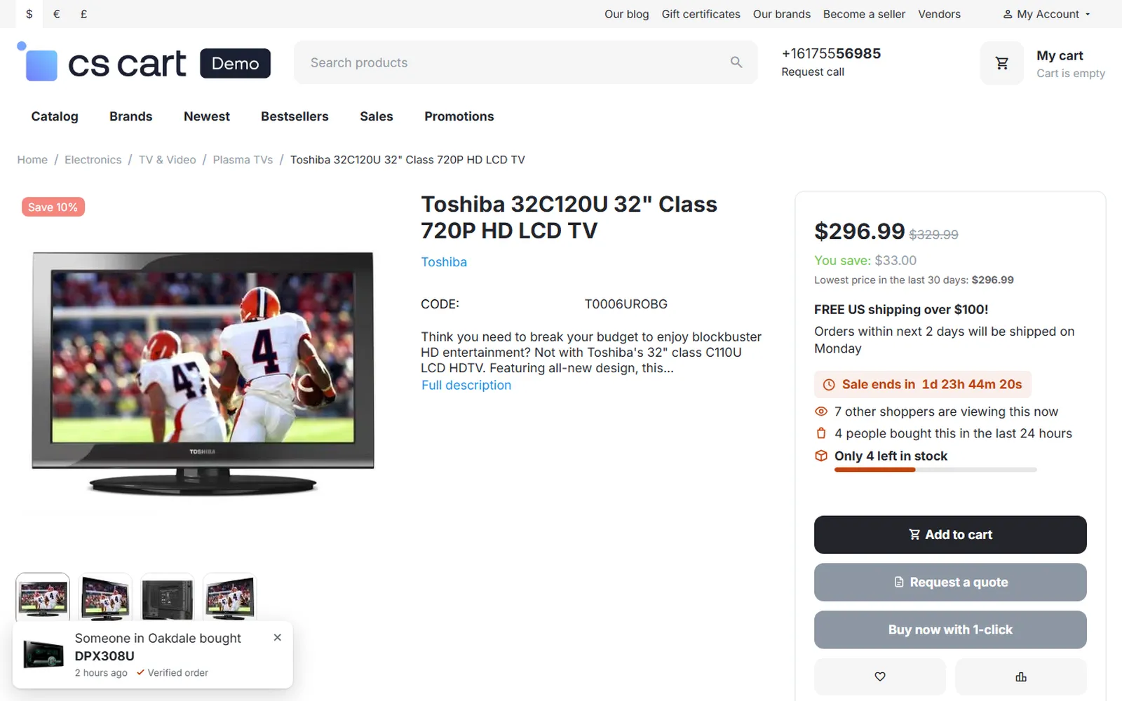Product page (Nova): promotion countdown, live viewers, recent buyers, low stock with bar and a recent-purchase toast.