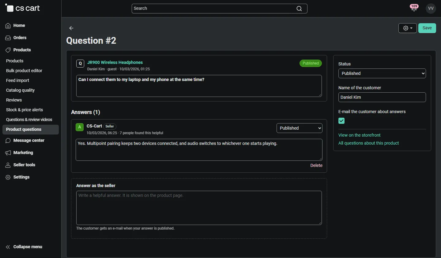 Vendor panel: question page