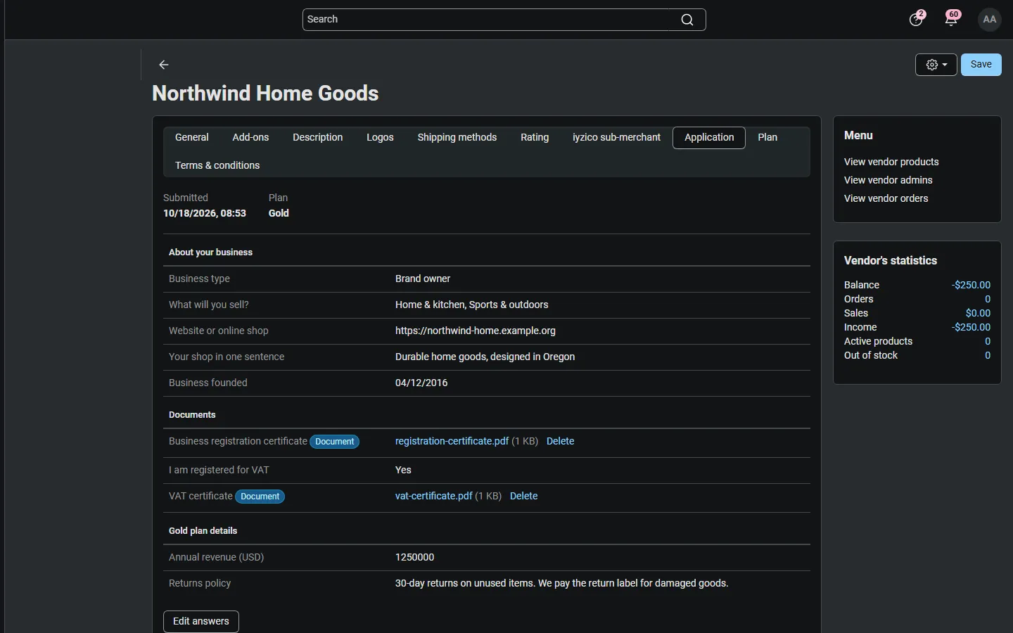 Admin: the Application tab on the vendor page