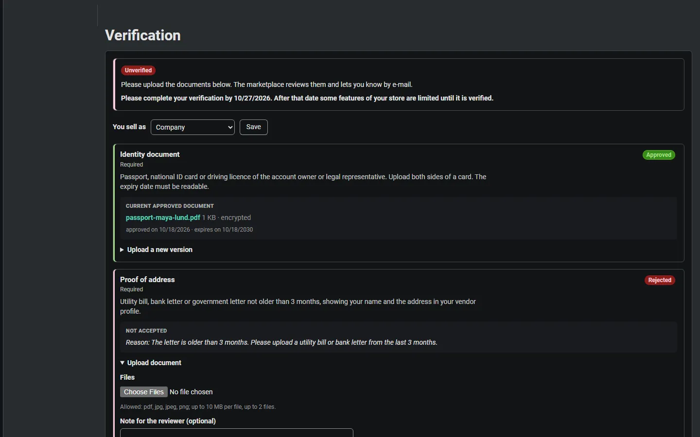 Vendor panel > Verification: level, grace date, business type, status per document, rejection reason, upload forms.