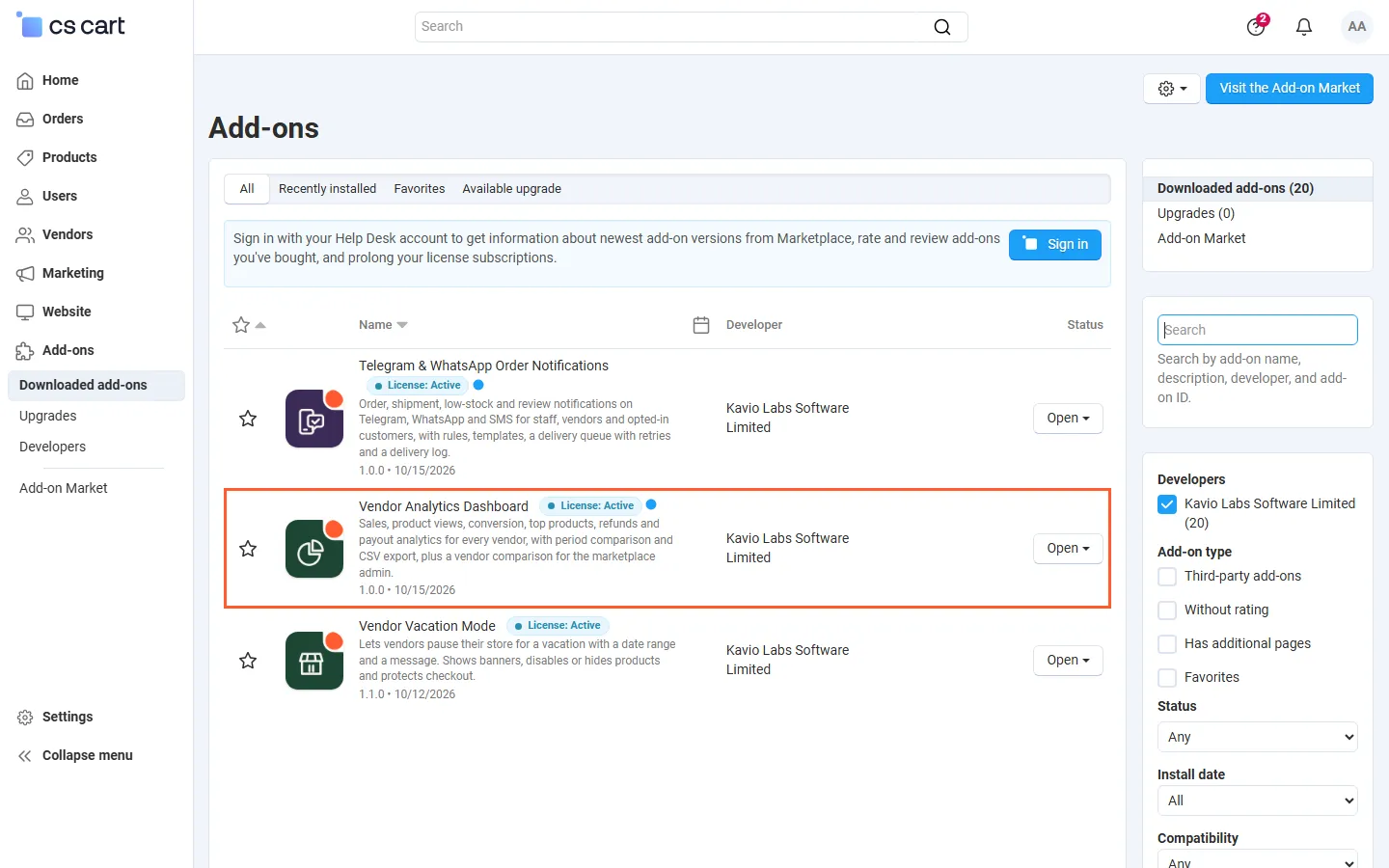 Admin, Downloaded add-ons filtered to Kavio Labs (Multi-Vendor 4.21.2), Vendor Analytics Dashboard highlighted with its licence badge. Re-shot by the integration step with the add-on icon.