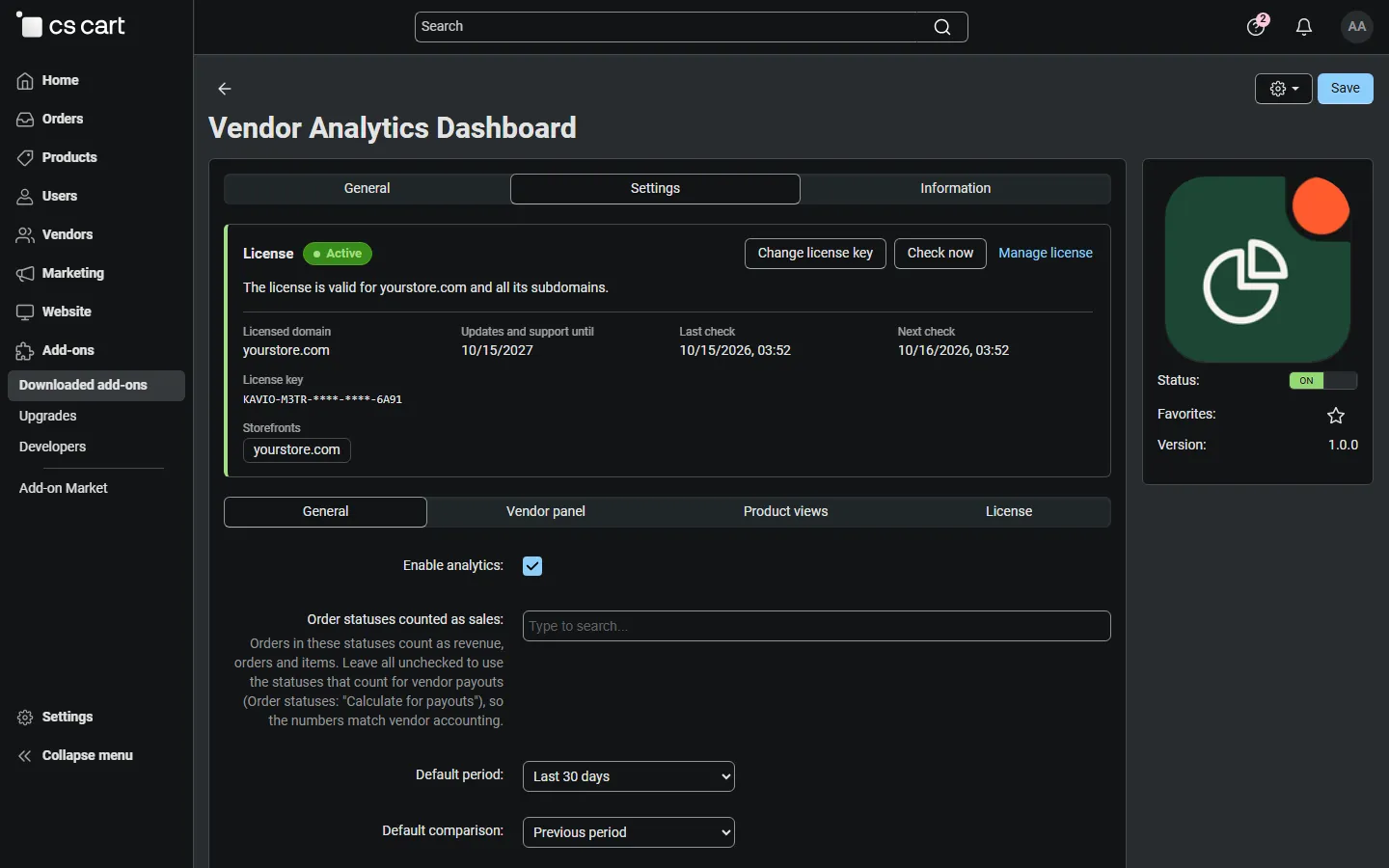 Add-on settings, General: enable, order statuses counted as sales (empty = payout statuses), default period and comparison, list size, cache. Re-shot by the integration step with the add-on icon; license card in the production state.
