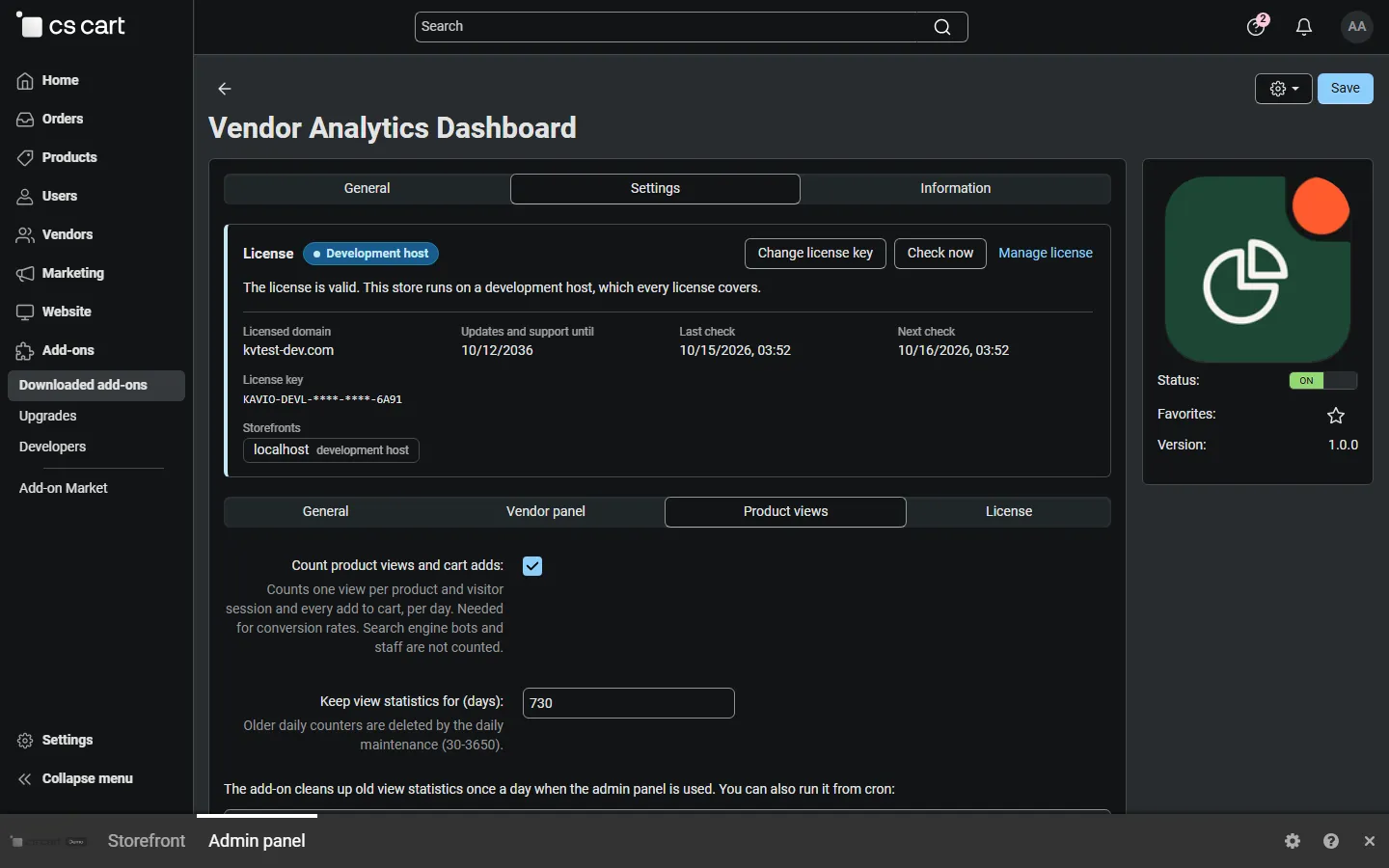 Settings, Product views: view and cart-add counting, retention and the daily maintenance cron line.