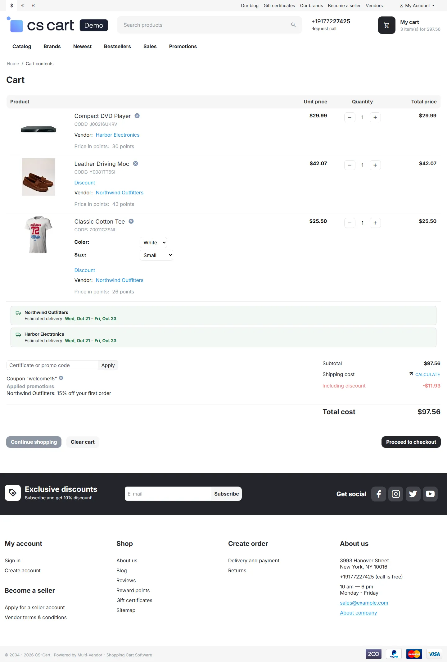 Cart with products of two vendors: coupon WELCOME15 discounts only Northwind Outfitters’ items; Harbor Electronics’ item keeps its price.