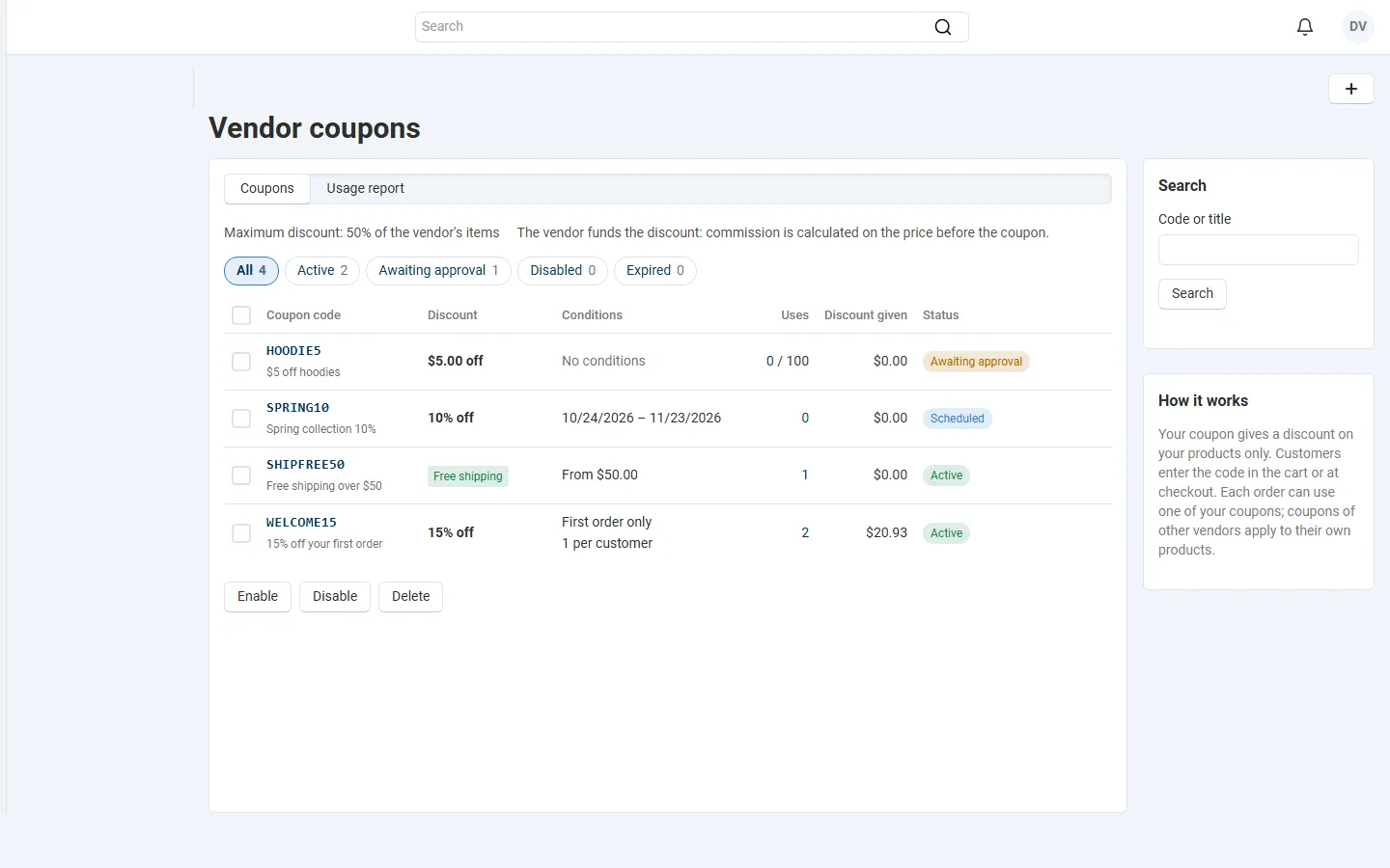 Vendor panel: the vendor’s coupons with states (active, scheduled, awaiting approval).