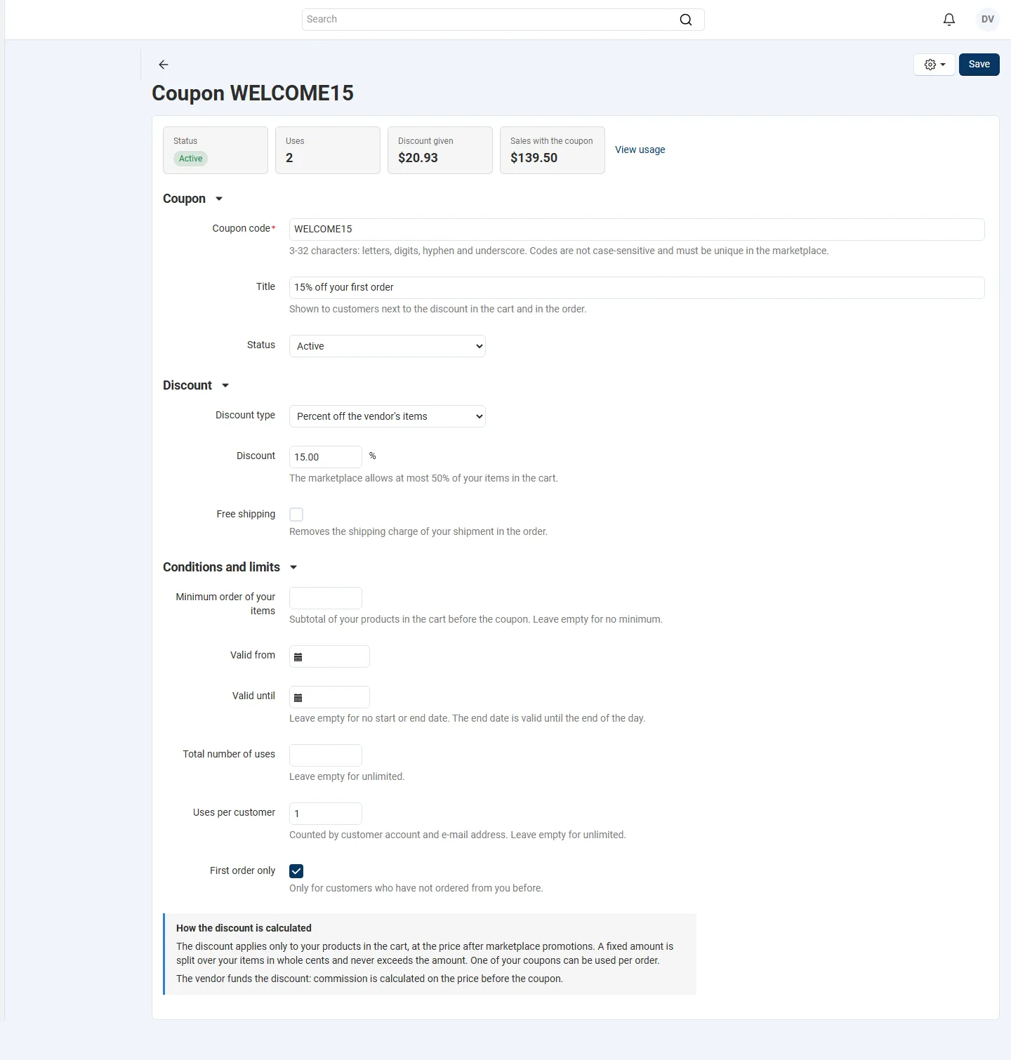 Vendor panel: coupon editor with discount, free shipping, minimum, dates, limits and first-order rule.