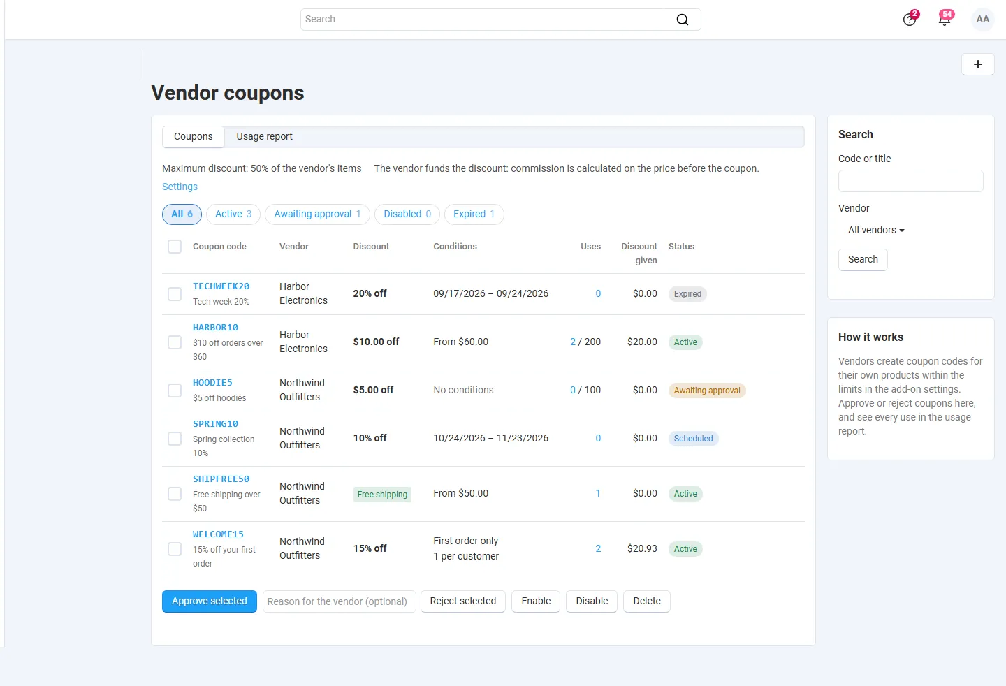 Admin list with approve/reject (with a note), enable, disable and delete.