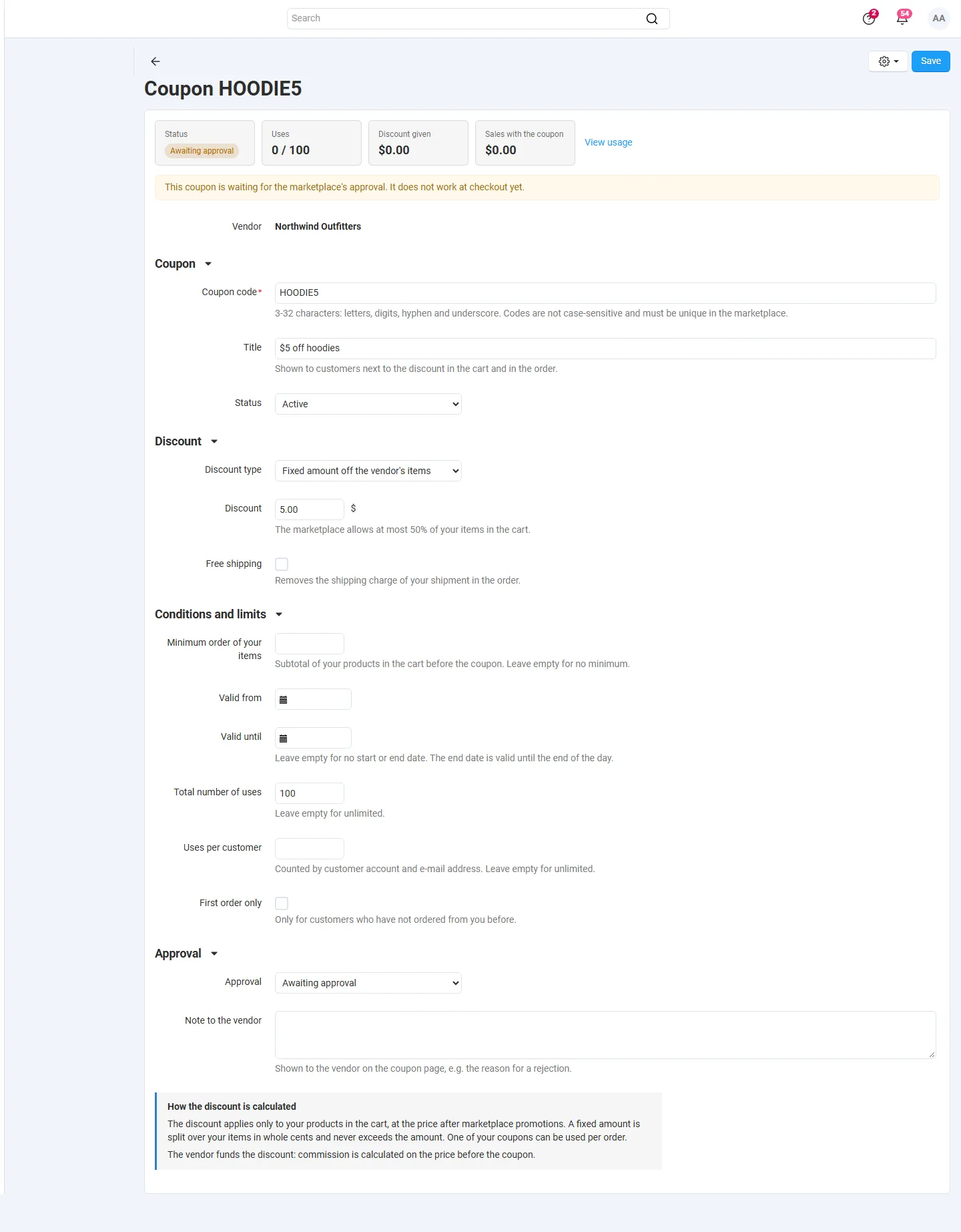 Admin editor of a coupon awaiting approval.