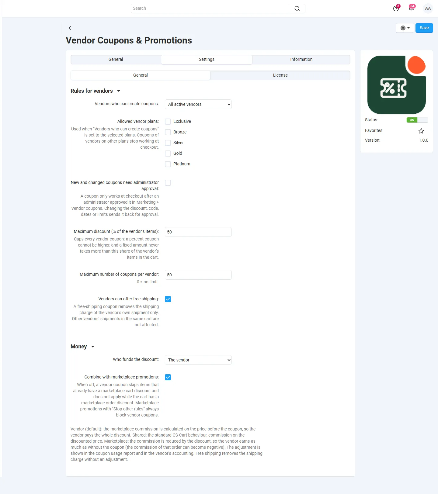 Settings: allowed plans, approval, maximum discount, coupon limit, free shipping, who funds the discount, combining.