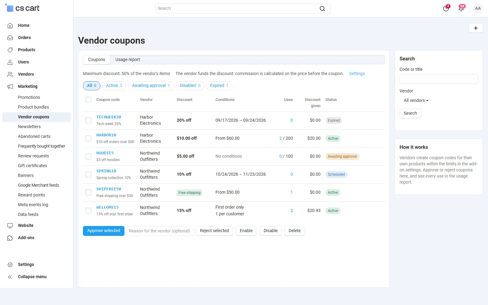 Marketing > Vendor coupons: coupons of all vendors with discount, conditions, uses and status.