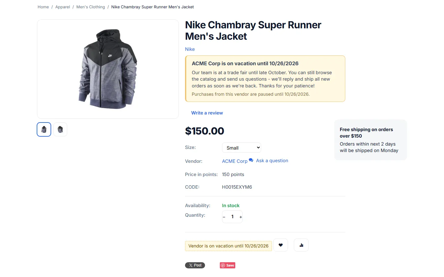 Full product page of a vacationing vendor: banner under the title and the replaced Add to cart button.