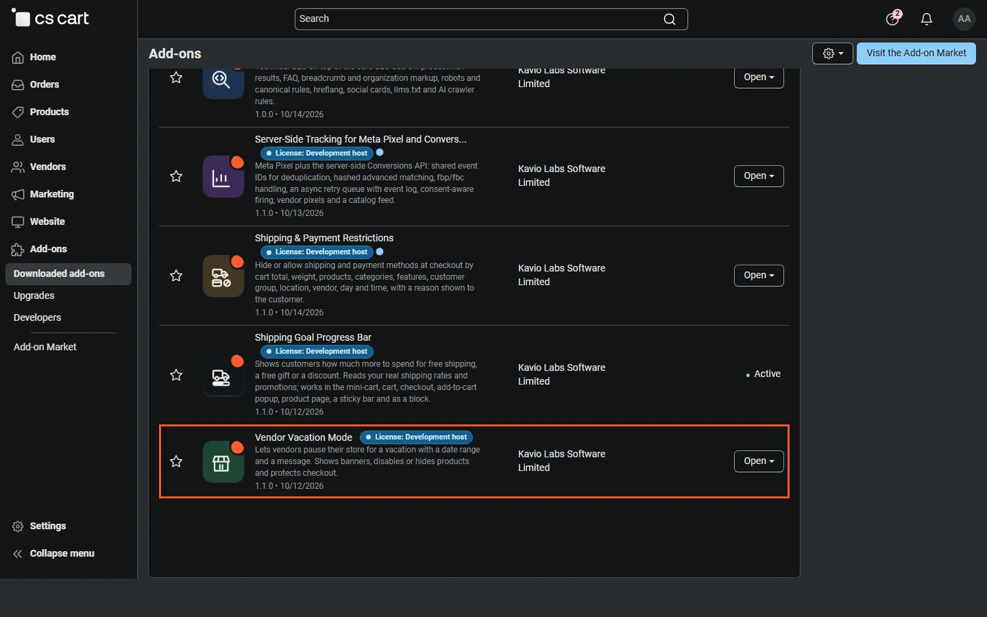 Admin, Downloaded add-ons filtered to Kavio Labs (Multi-Vendor), with Vendor Vacation Mode highlighted.