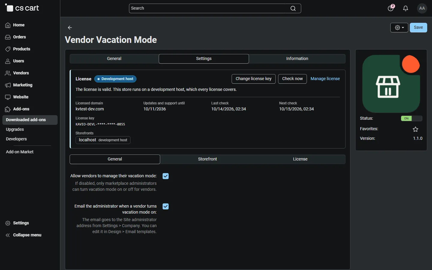 Add-on settings, General tab: let vendors manage their own vacation and email the administrator when a vendor goes on vacation.