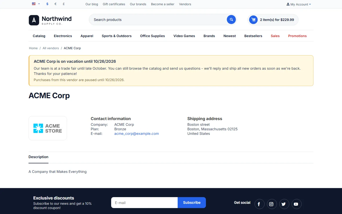 Vendor information page with the vacation banner above the vendor details.