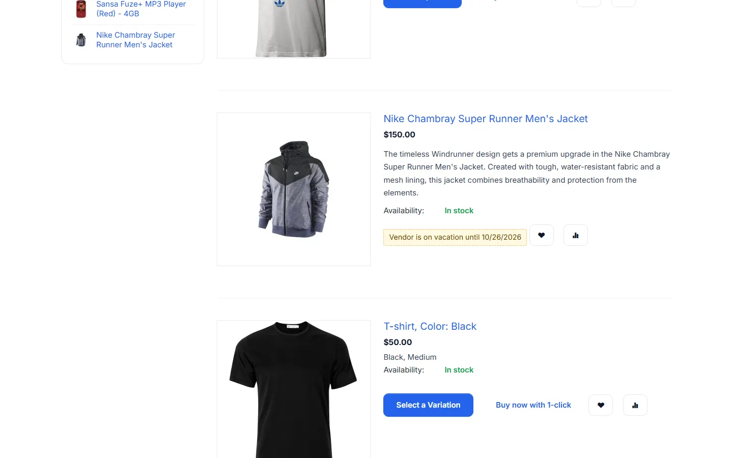 Product list: the vacationing vendor’s product shows “Vendor is on vacation until 10/26/2026” instead of Add to cart.