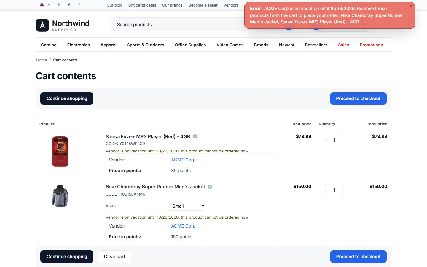 Cart after “Proceed to checkout”: error asking to remove the vendor’s products, plus a per-item “cannot be ordered now” note.