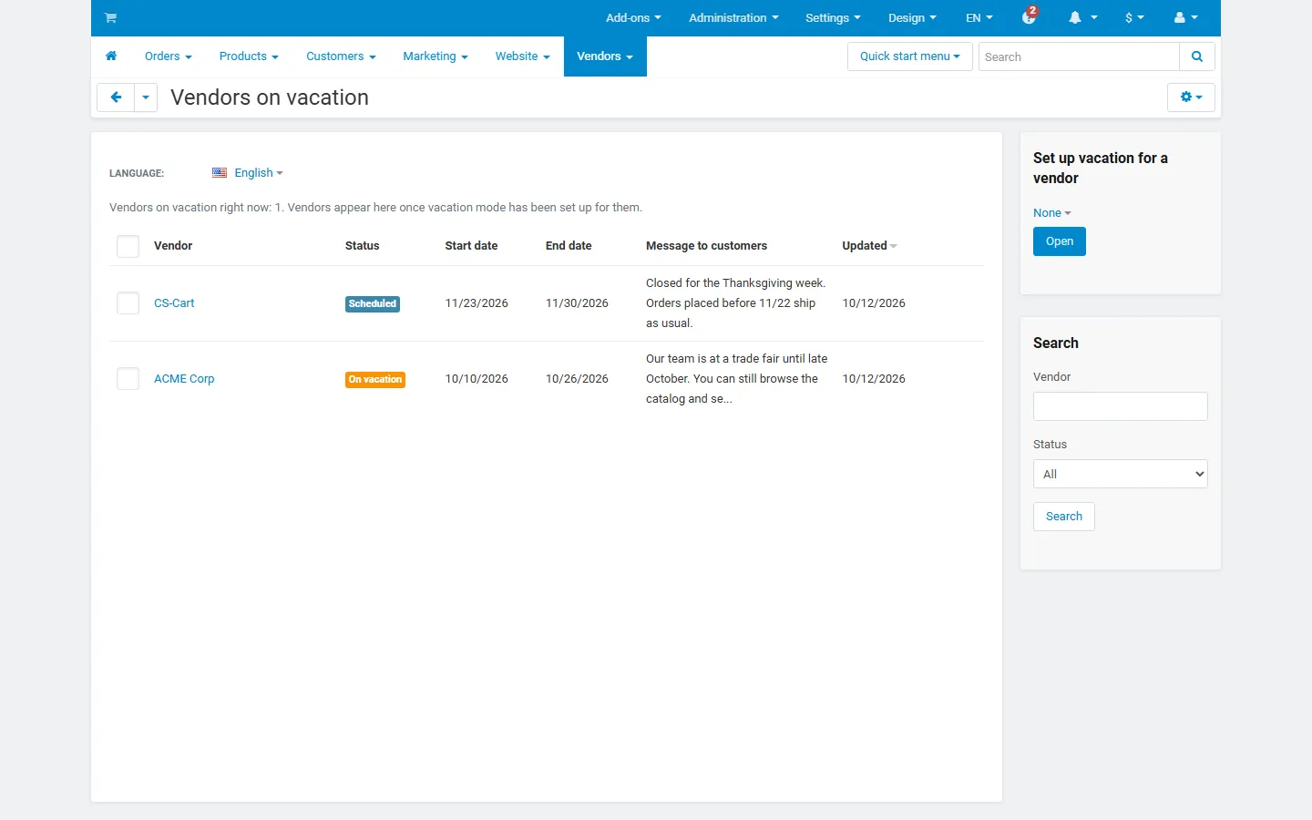 Admin, Vendors > Vendors on vacation: one vendor “On vacation” and one “Scheduled”, with dates, message and the set-up/search sidebar.