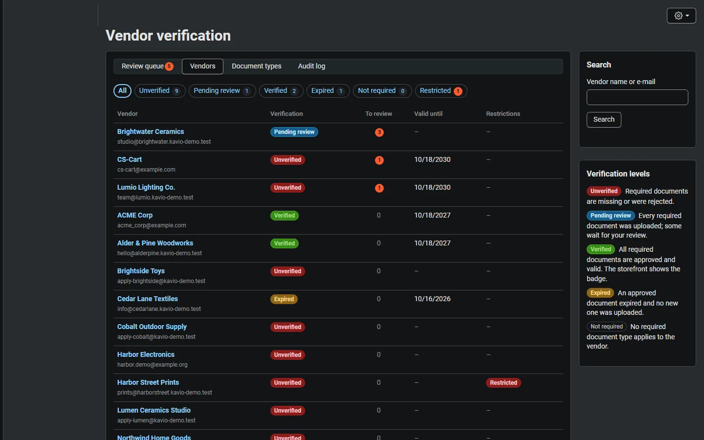 Vendor list with level filters, uploads to review, earliest expiry and restrictions.