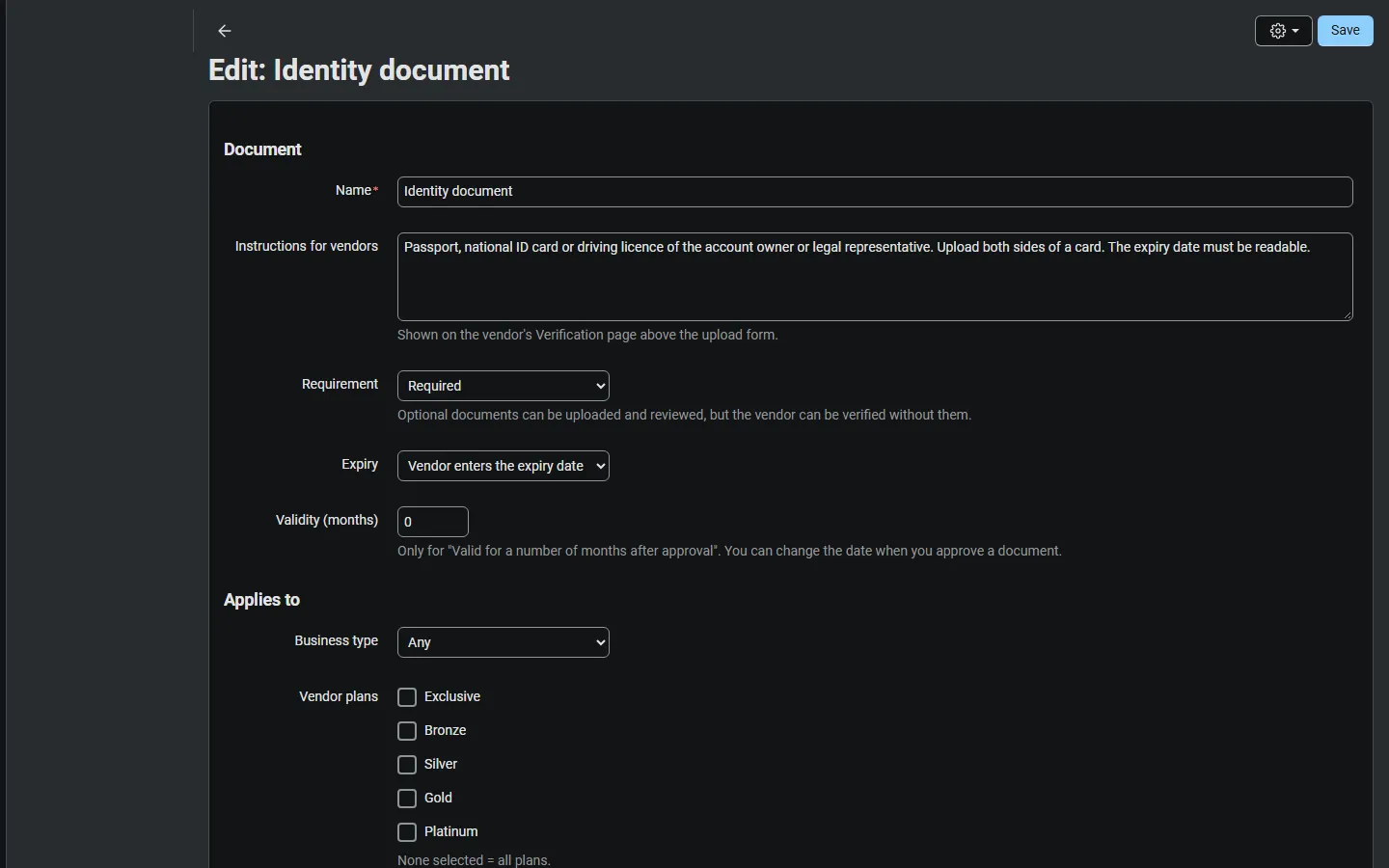 Document type editor: instructions, required, expiry, business type, plans, countries, file rules.