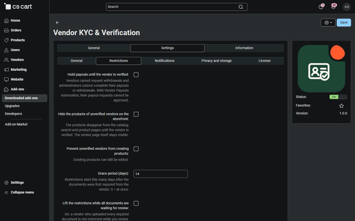 Settings > Restrictions: payout hold, hidden products, product creation block, grace period.