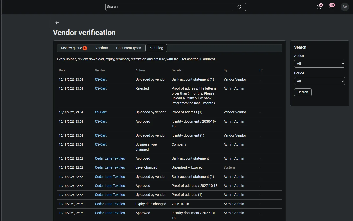 Audit log of uploads, reviews, level changes and expiry dates.