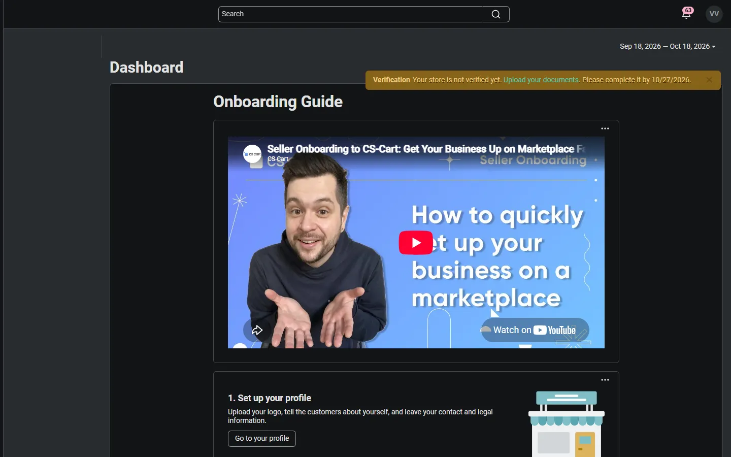 Vendor dashboard notice with the link to the Verification page.