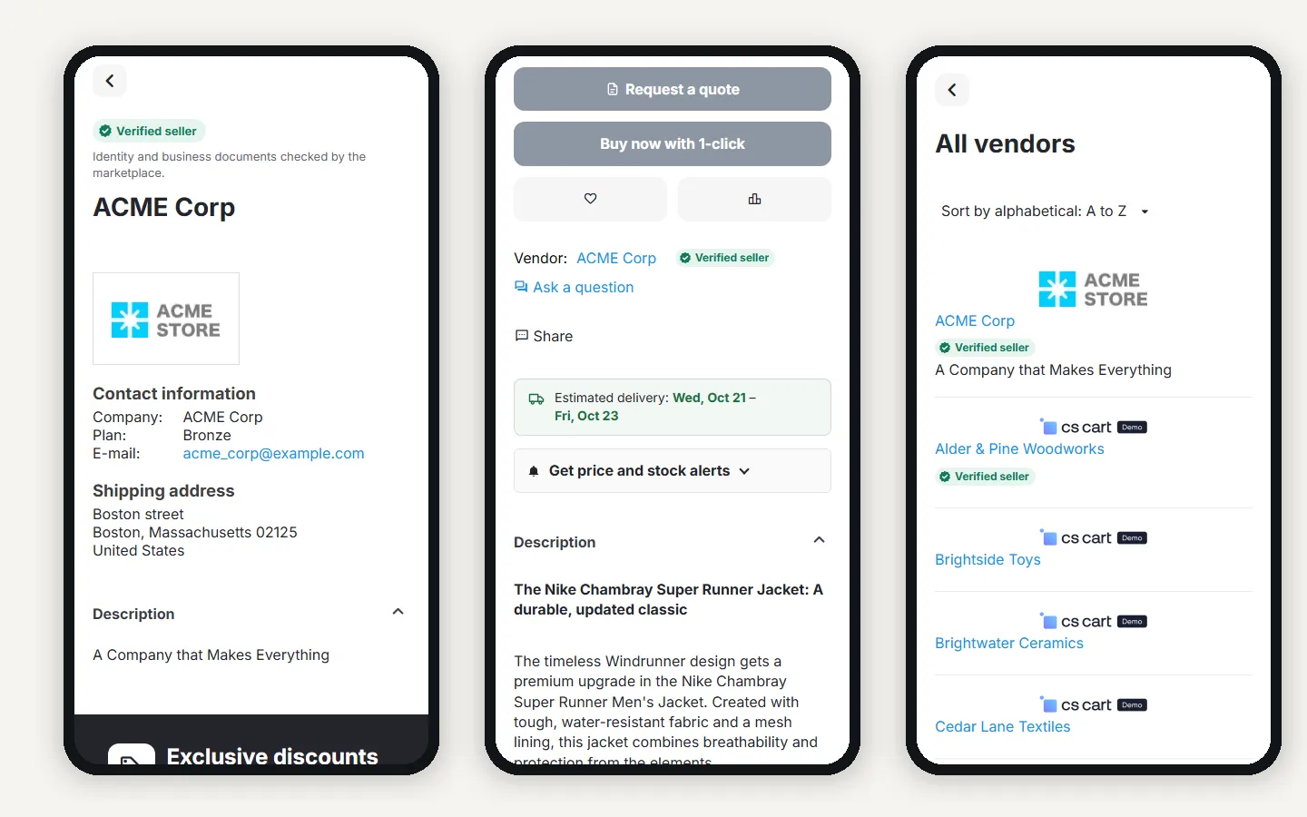 Vendor page, product page and vendor list with the badge on phones.