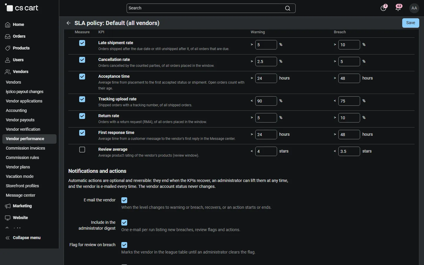 Policy editor: KPI thresholds (warning / breach).