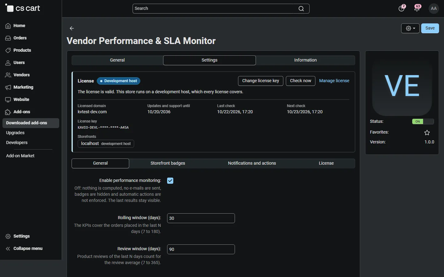 Add-on settings (General tab) with the licence card.