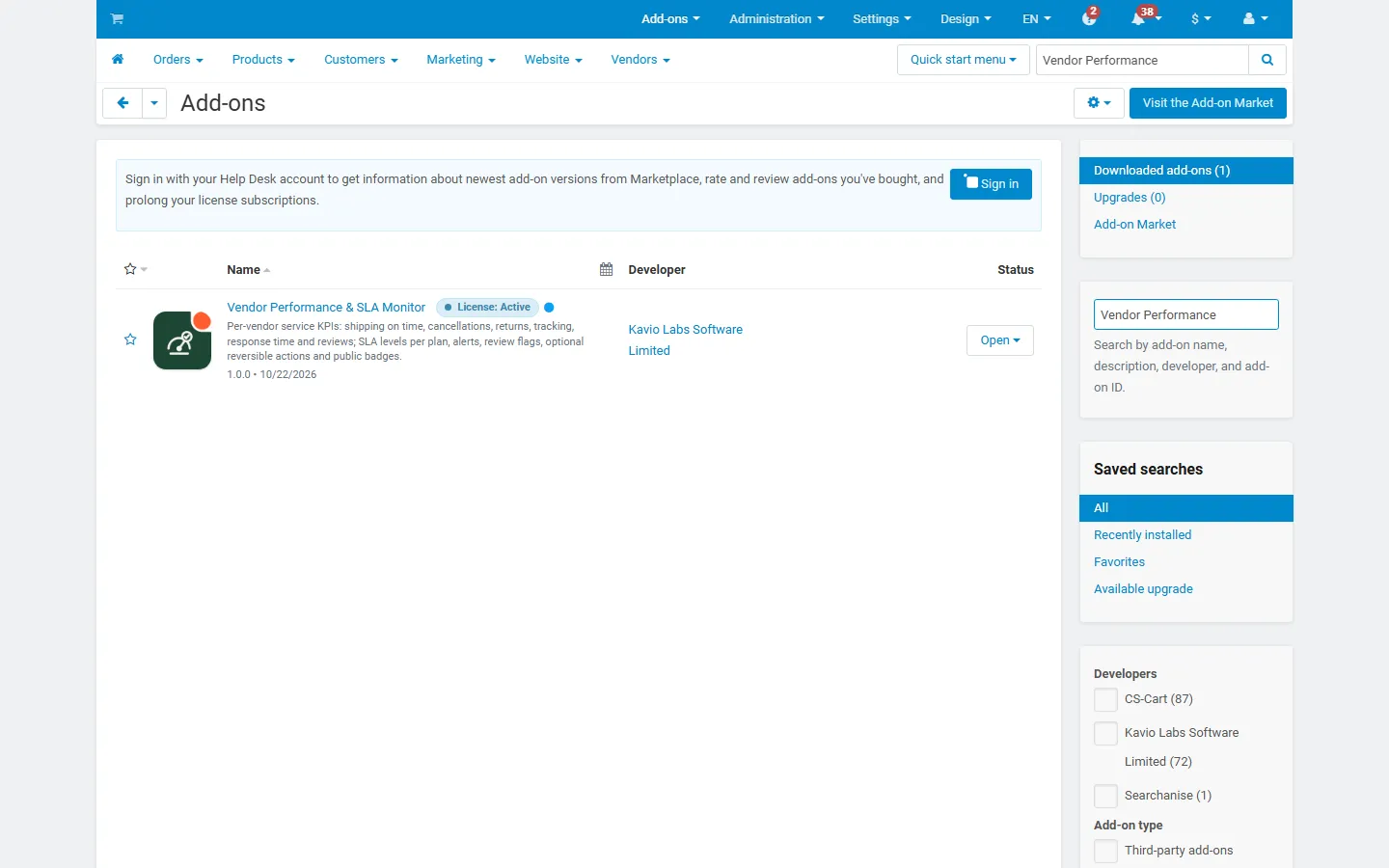 Downloaded add-ons searched for the add-on (Multi-Vendor 4.17.2), with the add-on icon.