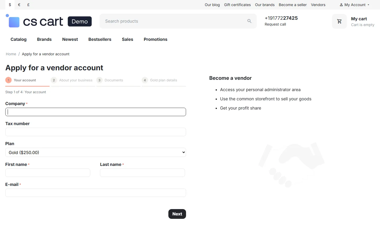 Storefront: step 1 of the vendor application (core fields) with the step progress bar.