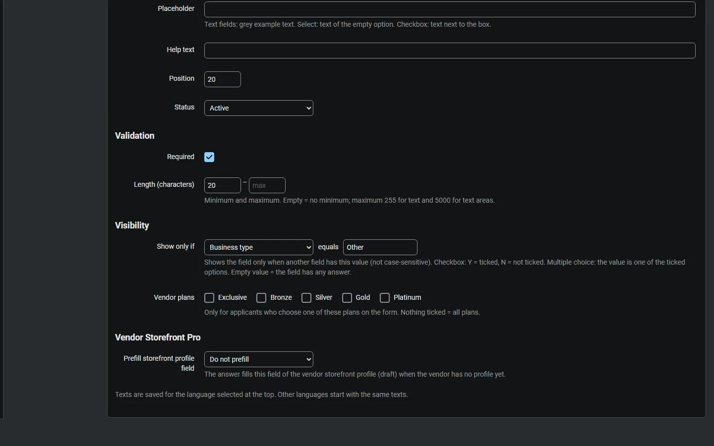 Field editor: validation, “Show only if” condition, vendor plans and the Vendor Storefront Pro target.