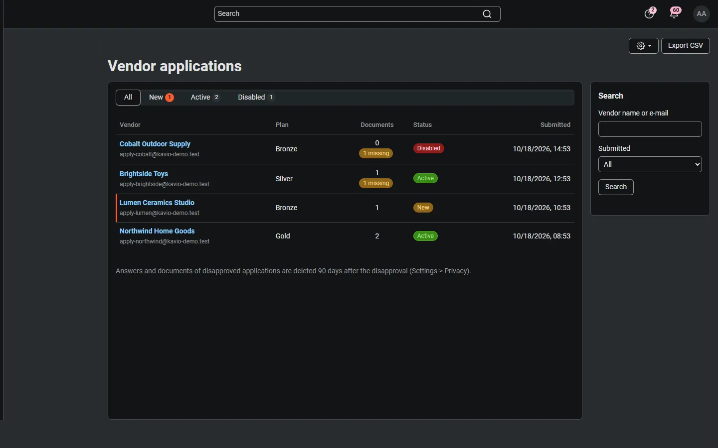 Vendors > Vendor applications: status tabs, plan, documents with missing required documents, CSV export.