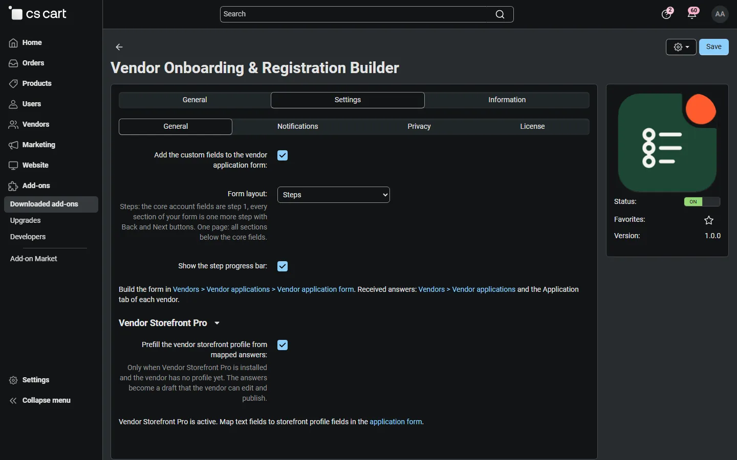 Settings: layout (steps or one page), progress bar, Vendor Storefront Pro prefill.
